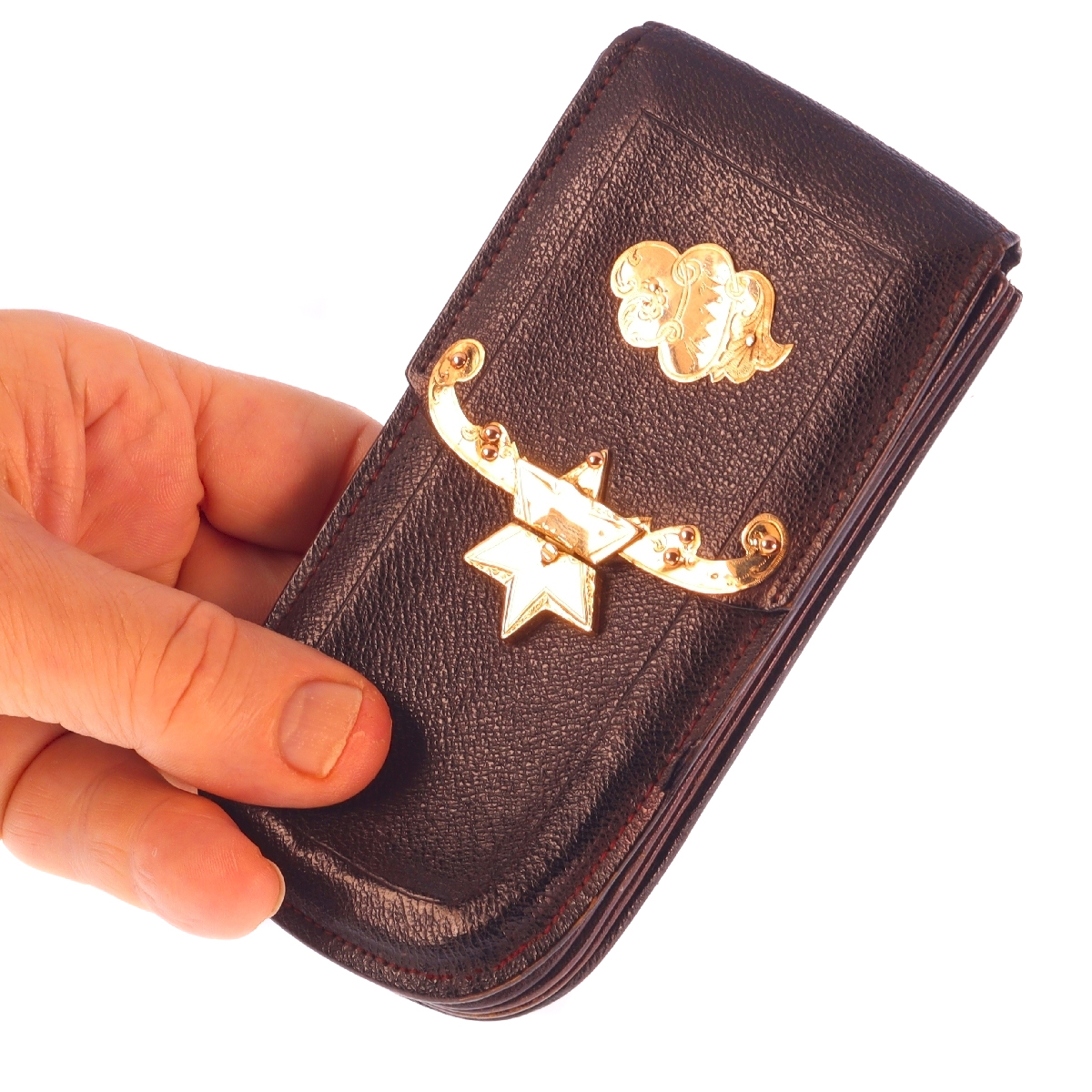 Dutch antique leather wallet with gold fittings and star motif
